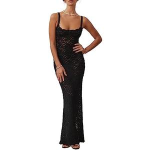 Women’s Cocktail Dress Sexy Lace Hollow Out Transparent Sleeveless Spaghetti Straps Slim Fit Maxi Party Club Evening Dress M