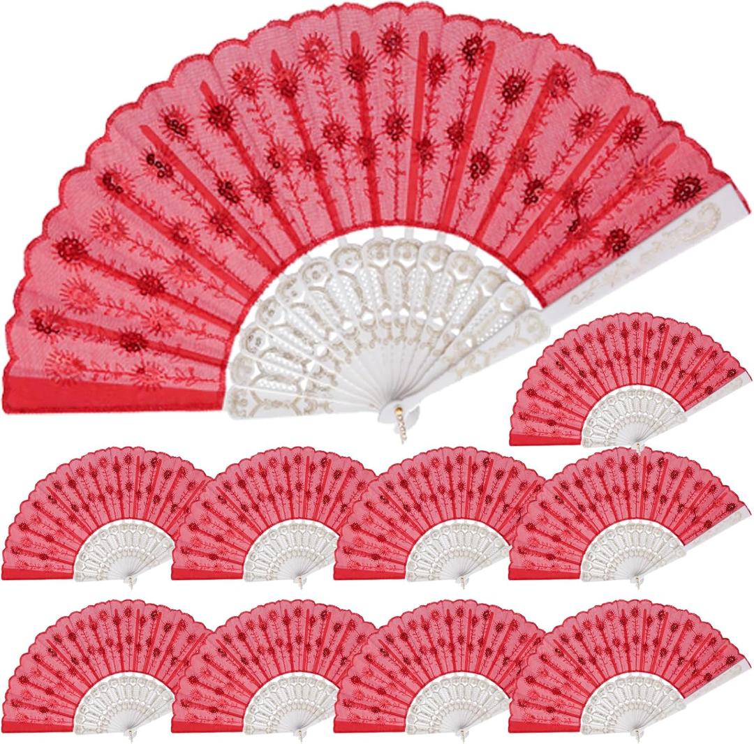 QIRMIZI 30 PACK Fabric Folding Handheld Fans, Perfect for Weddings, Parties, and Dancing,Red