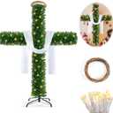 76 Inch Cross Christmas Tree with 2 Lights Strings and Garland Jesus Christ Catholic Cross Decor Decoration Foldable Xmas Tree for Indoor Outdoor Holiday, Yard, and Church Nativity Scene Decor
