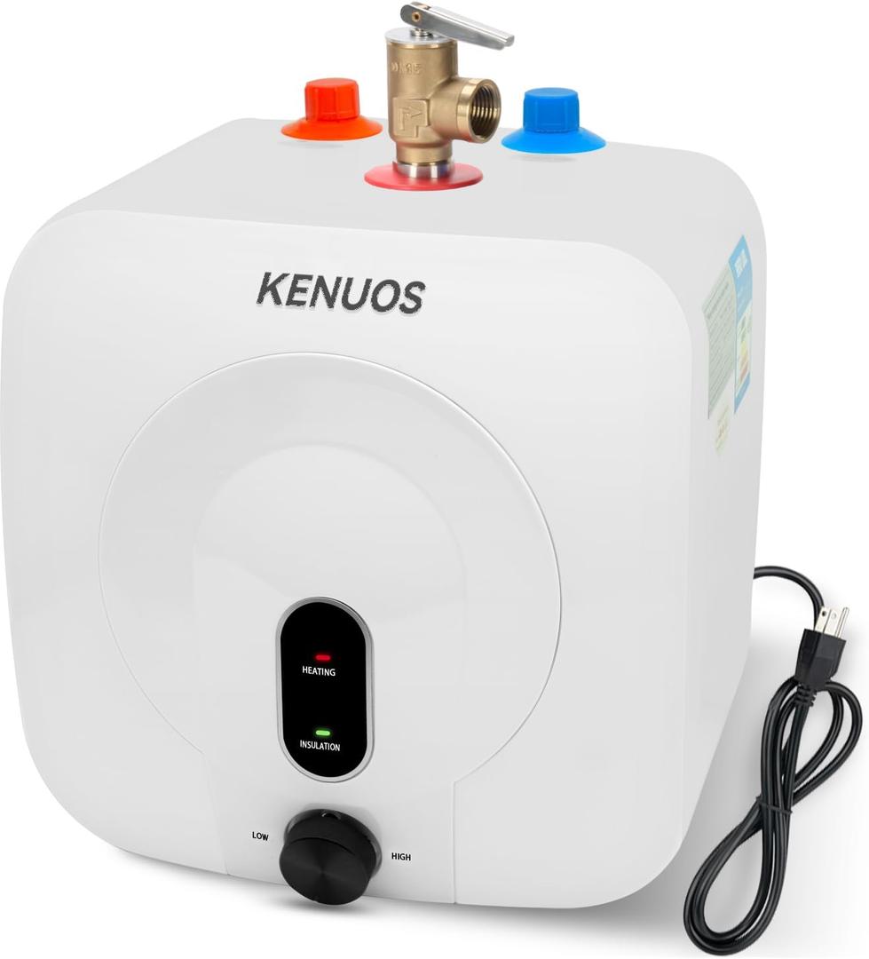 Under Sink Instant Hot Water,2.5 Gallon Mini Tank Water Heater 1500W 120V Small Hot Water Heater 1/2" NPT for RV,Kitchen, with T&P Valve,3-Way Fitting Valve Wall/Floor Mounted, White