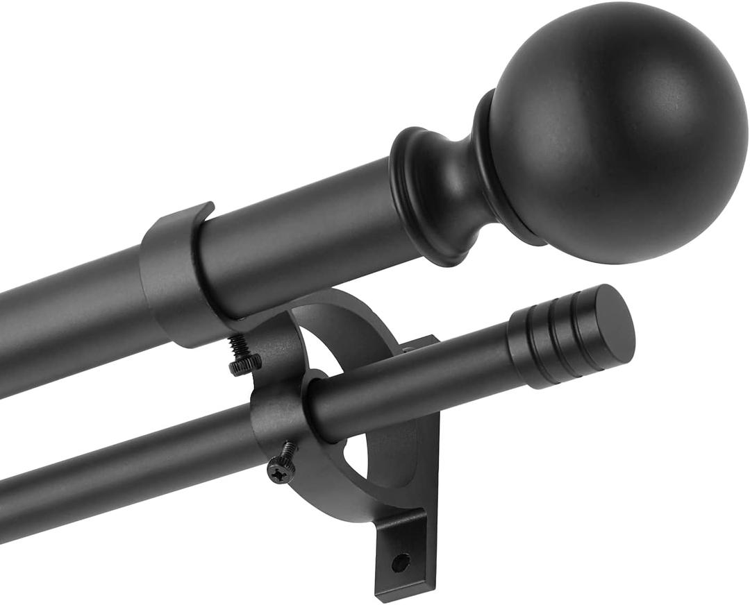 Kemmie 1" Classic Window Curtain Rod with Round & Barrel Finials Simple Double Telescoping Drapery Rod, 36-72", Matted Black Kemmie 1" Classic Window Curtain Rod with Round & Barrel Finials Simple Double Telescoping Drapery Rod, 36-72", Matted Black