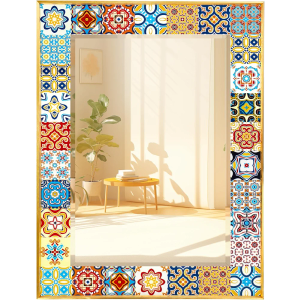Mosaic Mirror 24x32 inch Mexican Talavera Mirror, Aluminum Frame Bathroom Mirror for Wall, Moroccan Spanish Mediterranean Mirror for Entryway, Bathroom, Vanity, Living Room