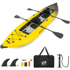 Goplus Inflatable Kayak, 2-Person Kayak Set for Adults with 507 LBS Weight Capacity, 2 Aluminium Oars, EVA Padded Seat, 2 Fins, Hand Pump, Carry Bag, Repair Kit, Portable Touring Kayaks