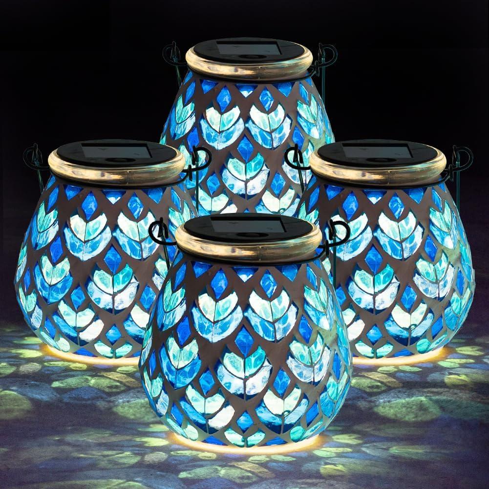Stargarden 4 Pack Mosaic Solar Lanterns, Blue Glass Hanging Lantern Waterproof Outdoor Hanging Solar Lights Table Lamp for Garden ,Patio,Yard Decor