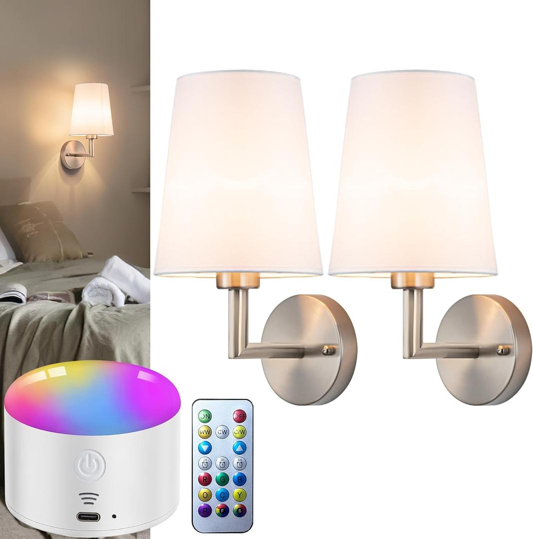 Battery Operated Wall Sconces set of Two,Wireless Wall Sconces with 10000mAh Dimmable Bulb and Remote,LED 15 Colors Rechargeable Gold Wall Sconce with Fabric for Bedroom Living Room Hallway Wall Decor