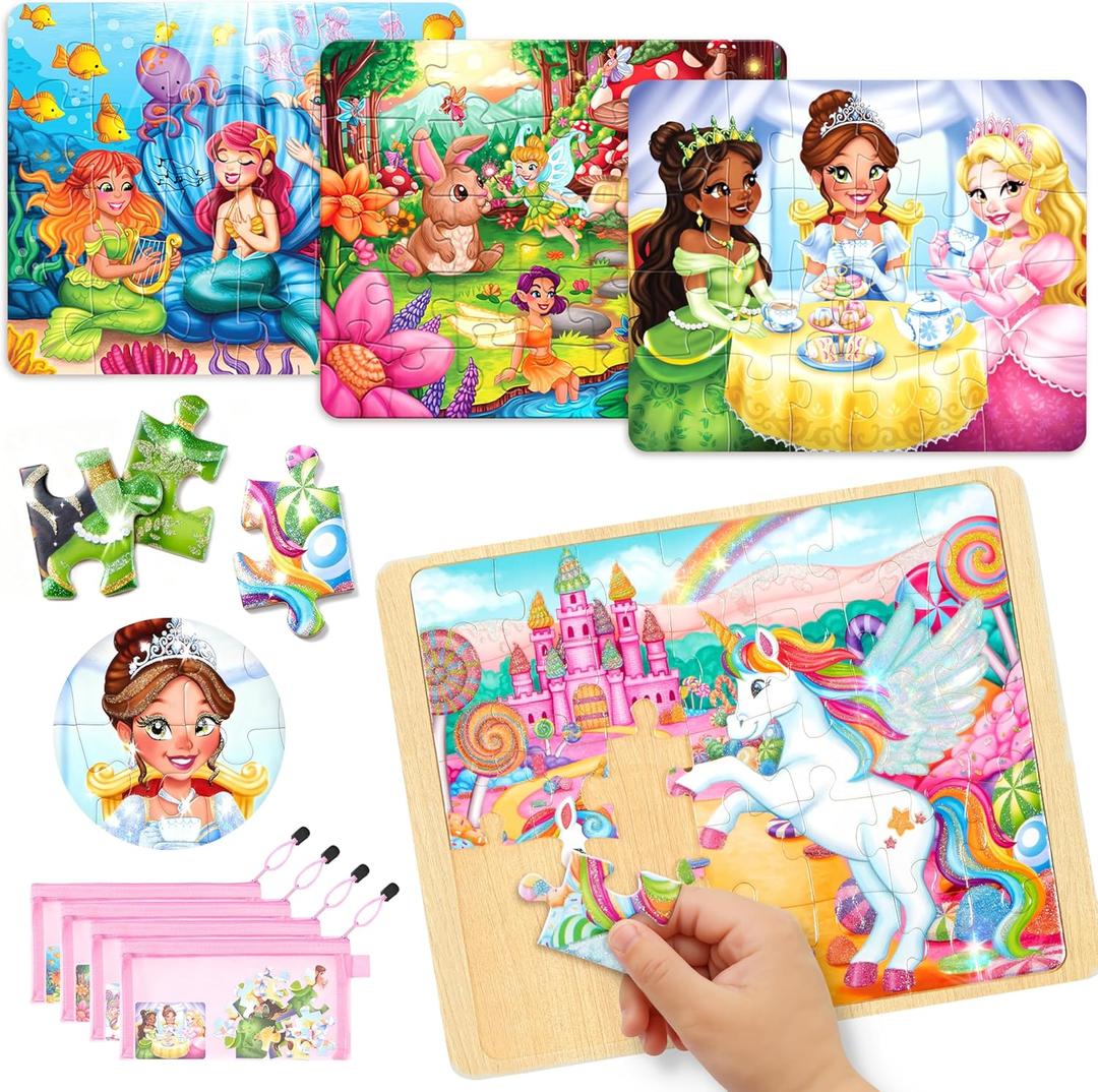 SYNCFUN 4-in-1 Princess, Unicorn, Mermaid, Fairy Glitter Wooden Puzzles Board for 3-5 Year Old Girls, 24 & 35 PCS Educational Jigsaw Puzzles for Toddlers Toys, Birthday Valentine Easter Gifts