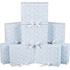 Kolldenn 8 Pack Blue Floral Bridesmaid Proposal Gift Boxes with Ribbon Lids 7.87x10.6x3.2In Toile Flower Empty Paper Box for Wedding Bridal Baby Shower Present Packaging Supplies Birthday Party Favor