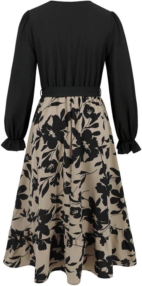 Women's Vintage Floral Print A-Line Dress Lantern Long Sleeve Belted Boho Beach Long Dress  Large