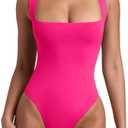 REORIA Butsmooth® Women’s Sexy Sleeveless Square Neck Double Lined Basic Bodysuit Tank Tops, Size L