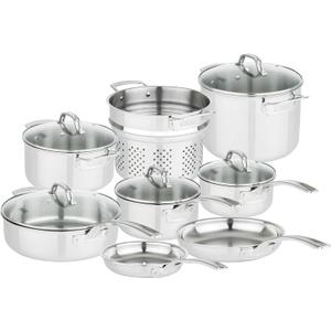 Viking 3-Ply Pots and Pans Set, 13 Piece Stainless Steel Cookware, Glass Lids, Strainer, Silver
