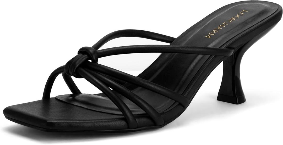 Women's Strappy Square Open Toe Kitten Heels Sandals Knotted Design Summer Fashion Slip On Mule Style (9, Black Pu)