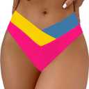 SherryDC Women's V Cut High Waisted Bikini Bottom High Leg Cut Swimsuit Bathing Suit Bottoms (Large, 824 Multi-Rose Red)