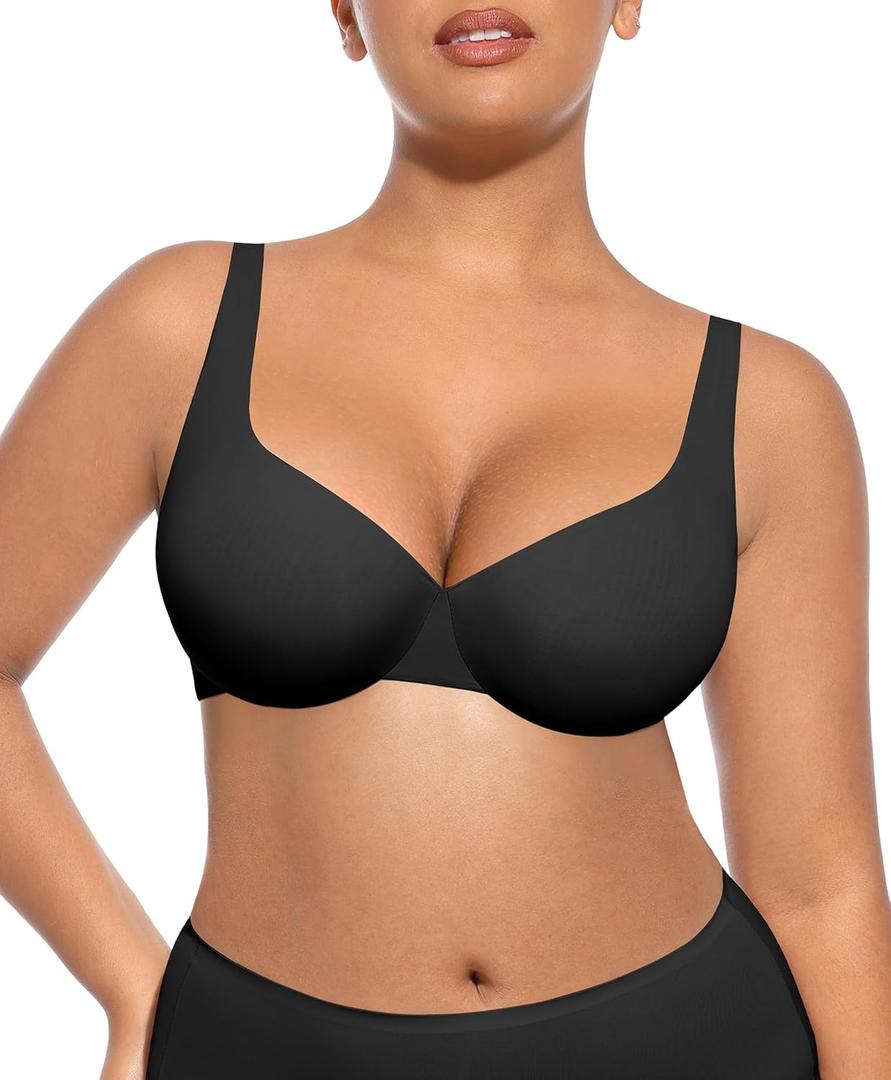 FeelinGirl Bras for Women Unlined No Padding Comfort Underwire Plus Size Full Coverage Seamless Plunge Everyday Bras (34DD, Black)