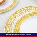 150 Count Gold Plastic Dinnerware Set, Elegant Disposable Include: 25 Gold Lace Plastic Plates, 25 Dessert Plates, 25 Forks, 25 Knives, 25 Spoons, 25 Cup, Ideal for Party, Birthday and Thanksgiving