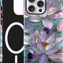 Compatible with MagSafe Flower Phone Case for iPhone 13 Pro, Cute Magnetic Stained Glass Floral Aesthetic Soft Shockproof Protective Phone Cover for Women Girls-Purple Water Lily