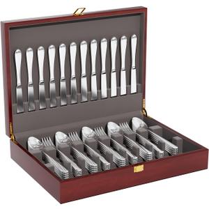 Mahogany Wood Silverware Storage Box,Silverware Case Flatware Chest with Felt Lined,Flatware Storage Box for 12 sets of Utensils,Silverware Chest without Silverware,Silverware Organizer with Lid (Walnut)