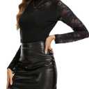 Womens Lace Sheer Long Sleeve Blouse, Mesh Mock Neck Elegant Tops Slim Fit Trendy Casual Formal Outfits, Small