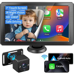 7" HD Touchscreen Baby Car Camera - Car Baby Monitor with Apple CarPlay, 1080p Ultra Night Vision, Invisible Infrared Lights, 150 Wide Angle, Easy Installation, Fits Most Cars