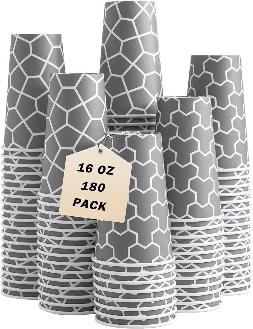 16 oz Coffee Cups 180 Pack, Disposable Coffee Cups Hot Paper Cups 16 oz, Insulated Paper Coffee Cup for Hot Cold Drinks