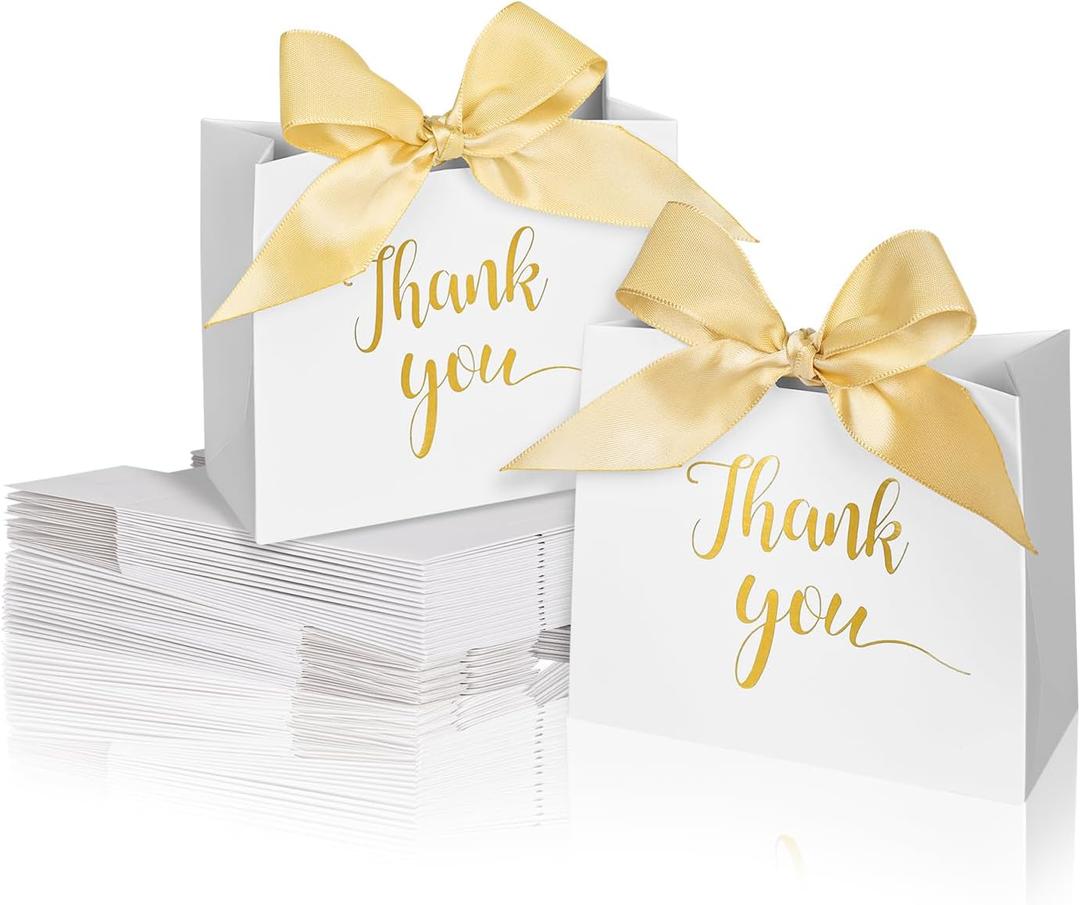 60Pack Small Thank You Gift Bags, 4.5x1.8x3.9 Inches Mini Gift Bags with Ribbon Wedding Candy Boxes Birthday Party Favor Bag for Baby Shower Anniversary (White)