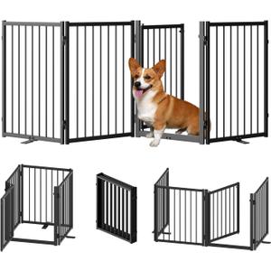 Full Metal Freestanding Dog Gate with Door, 24'' Height Foldable Pet Dog Fence for Indoor & Outdoor, 4 Panels Extra Wide Free Standing SmallDog Gates for Doorways,House,Stairs,Porch,Deck,Yard (4 Panels with Door80"W*24H", Black)