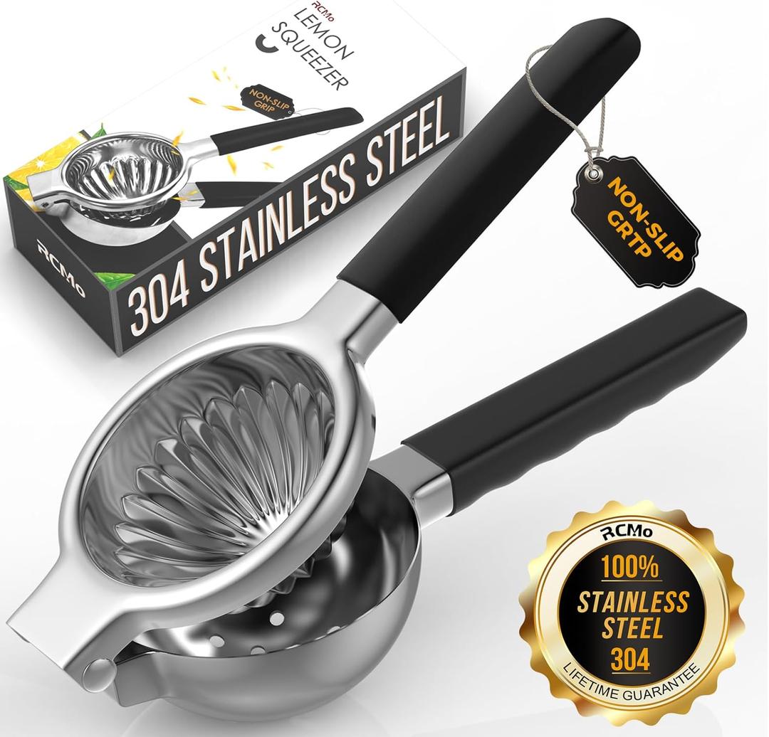 Stainless Steel Lemon Squeezer - Metal Citrus Juicer - Lime Lemon and Fruit Juicer with Silicone Handles - Large Manual Citrus Press Juicer - Hand Held Squeezer - Ergonomic Design with Solid (Black)
