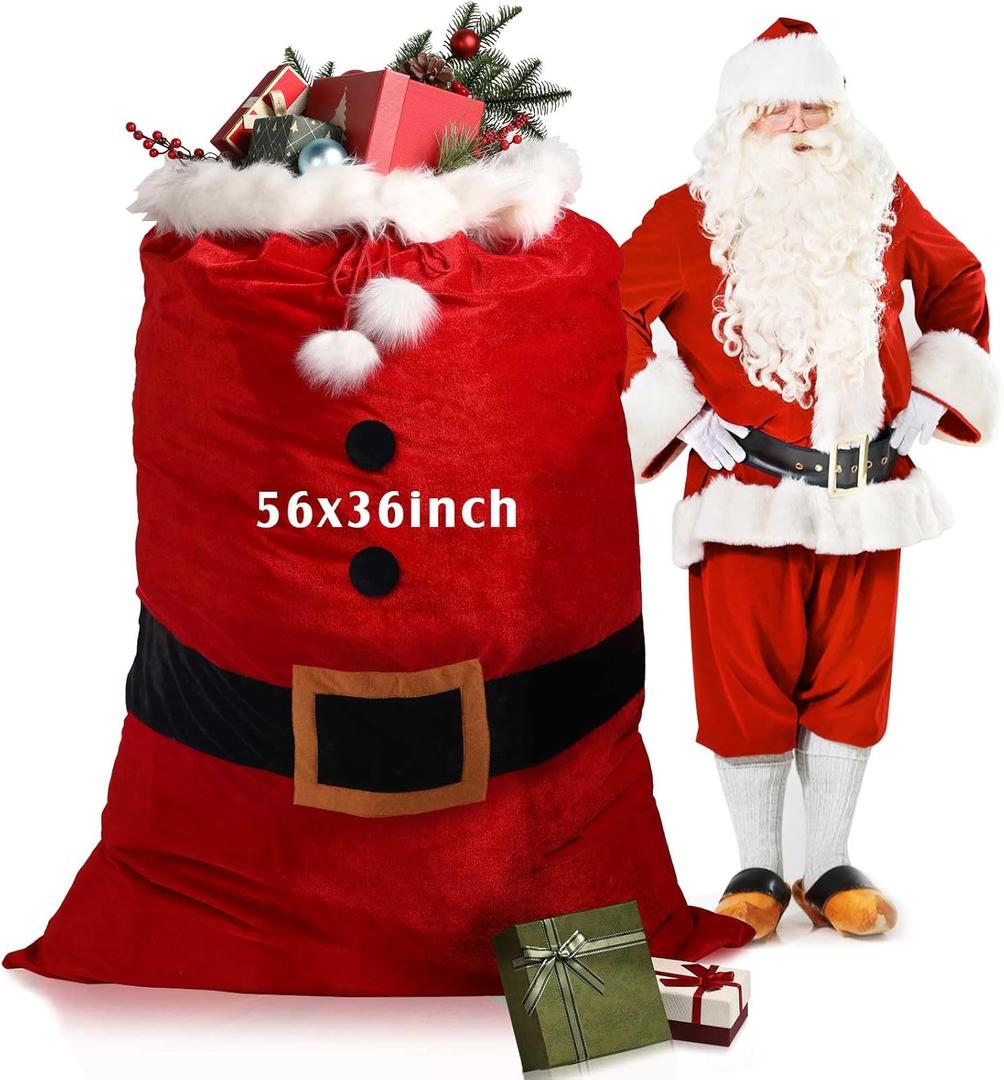 Treela Extra Large Christmas Santa Velvet Gift Bag 56 x 36 Inch Jumbo Red Sack with Cord Drawstring Santa Merry Christmas Wrap Giant Bags Xmas Costume for Xmas Presents Supply Holiday Wrapping