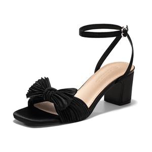 Coutgo Womens Bow Heels Sandals Block Low Heel Wedding Bride Dressy Shoes Open Toe Ankle Strap Sandals, Black, Size 8.5