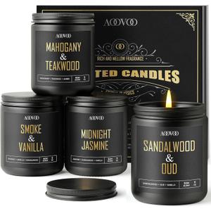 AOOVOO Scented Candles for Men - 4 Pack Candles for Home Scented, 36oz Soy Wax, 200 Hour Burn Time, Men Candle Set, Sandalwood Oud/Mahogany Teakwood/Smoke Vanilla/Jasmine Candle Set A