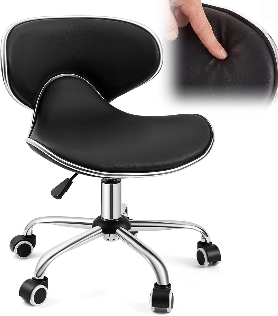 Geelin Pedicure Chair for Nail Tech, Ergonomic Back Support Rolling Stool, Adjustable Hydraulic Salon Spa Stool with Wheels, Swivel PU Leather Nail Tech Chair for Pedicure Tattoo Massage (Black)