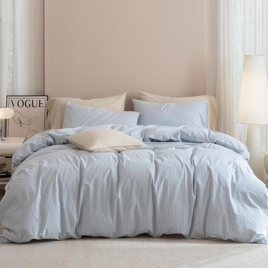 JIYUAN 100% Washed Cotton Pinstripe Duvet Cover Set King Size 104"x90", Linen-Like Soft Breathable Durable Bedding Set with Zipper Closure, All Season, Cornflower Blue/White