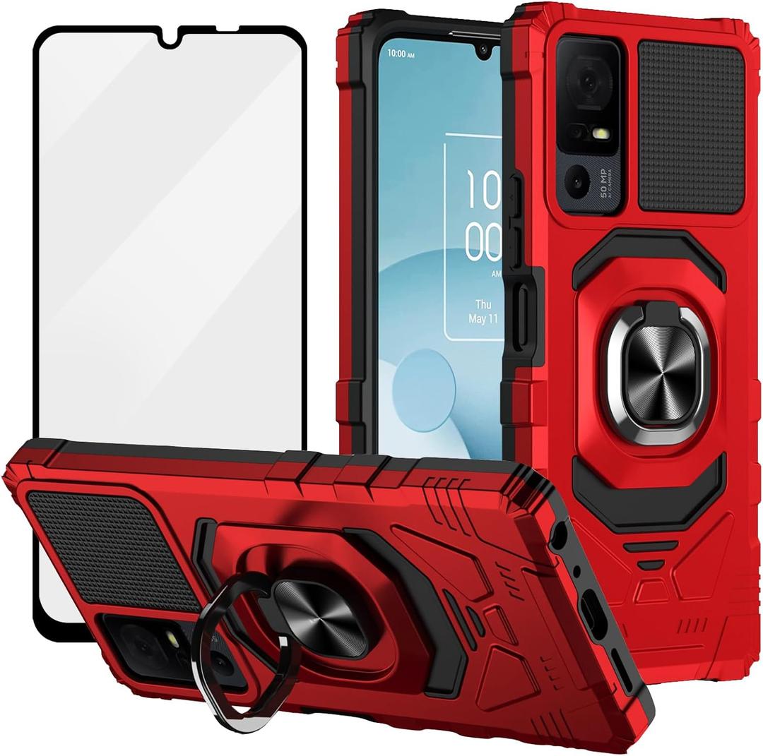 Ailiber for TCL 40XL Case, TCL 40 T Phone Case with Screen Protector Tempered Glass, Ring Kickstand for Magnetic Car Mount, Military Grade Shockproof Protective Cover for Jitterbug Smart 4/TCL 40T-Red