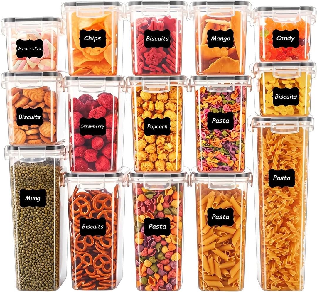15PC Pantry Storage Containers, Airtight Food Storage Containers with Lids, BPA Free Kitchen and Pantry Organization and Storage Set for Pasta, Dry Food, Flour and Sugar, Cereal