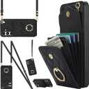 MRRSIWEI for Samsung Galaxy S25+ / S25 Plus (Not S25) Wallet Case with Card Holder, PU Leather with Crossbody Lanyard Wrist Strap Kickstand Cover for Women Case for Samsung S25 Plus.Lanyard Black