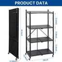 4 Tier Foldable Storage Shelf with Wheels, Collapsible Metal Rack Shelving Unit, No Assembly Required, Rolling Cart Shelf Rack Organizer for Books, Garage, Kitchen, Closet, Pantry, Exhibition, Black