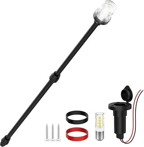 AMBIPASION Stern Light Boat Anchor Light, 26"–48" Telescoping Pole Boat Lights with Base, Marine Navigation Lights for Boats LED, for Pontoon, Fishing, Bass & Jon Boats, 12–24V (Black)