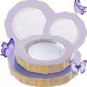 WDF 60pcs Clear Purple Plates Disposable with Gold Rim - Baroque Lavender Purple Plastic Plates for Party/Wedding/Spring Picnic