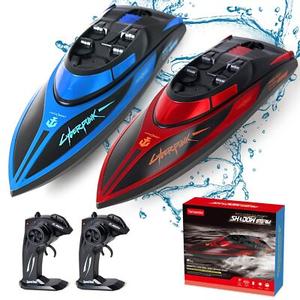 Yamaester RC Boat for Kids 2 Pack Remote Control Boats Toys with Rechargable Battery Boat with LED Light for Pools Lakes Gifts Boys Girls, Red/Blue