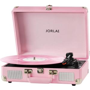 JORLAI Pink Vinyl Record Player 3 Speeds Portable Suitcase Turntable with Built-in Dual Speakers, Bluetooth Gramophone with Built-in Battery 3.5mm Aux Input/RCA Output