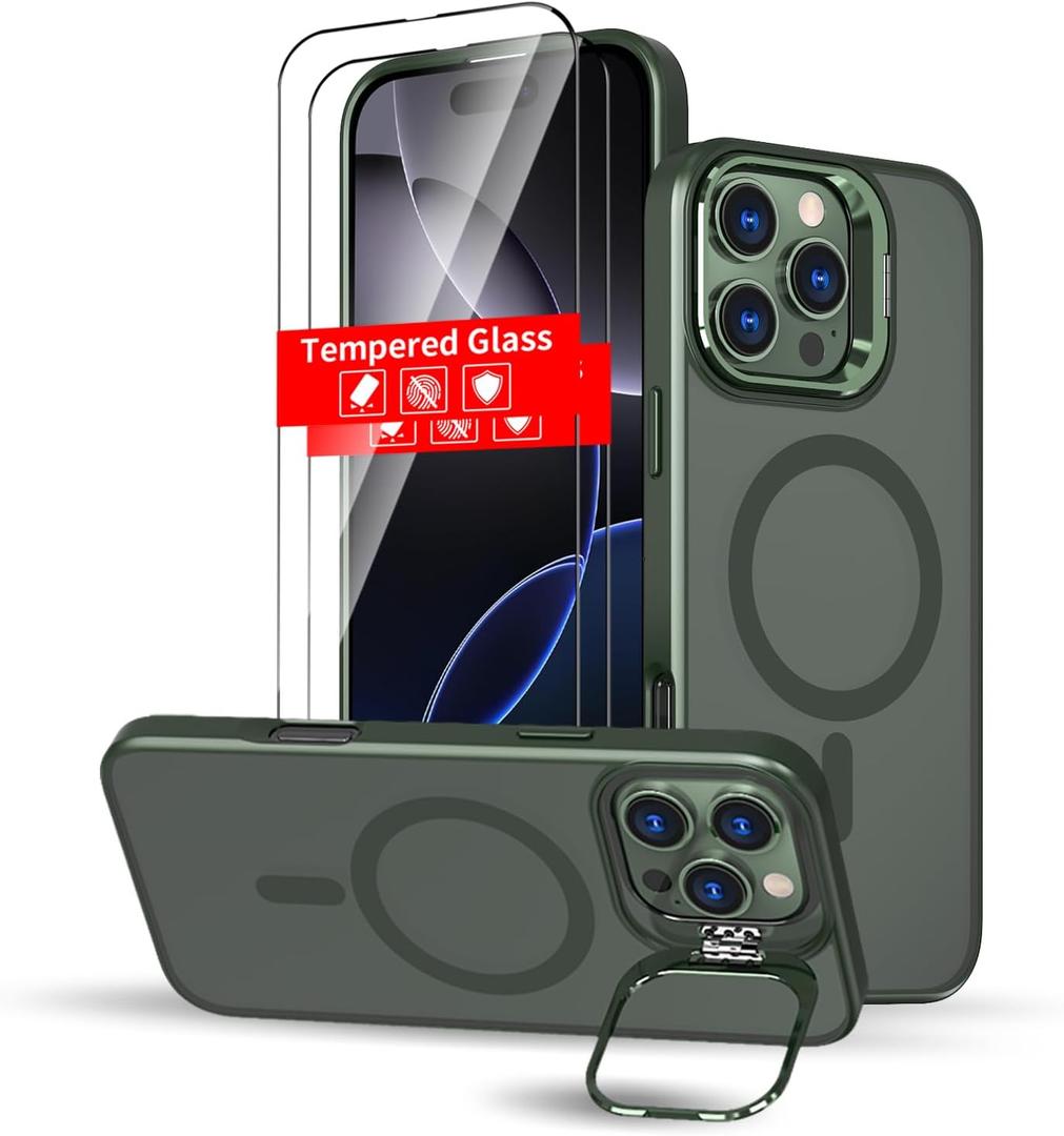 for iPhone 16 Pro Max Case Magnetic Compatible with MagSafe Support Wireless Charger,Built-in Camera Cover Kickstand+with 2 Screen Protector,Military Grade 360Full Body Phone Protection Green