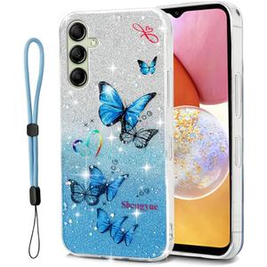 for Samsung Galaxy A14 5G Case with Lanyard,The Stars are Covered with a Glittering Butterfly Pattern for Samsung Galaxy A14 Phone Case (Blue)