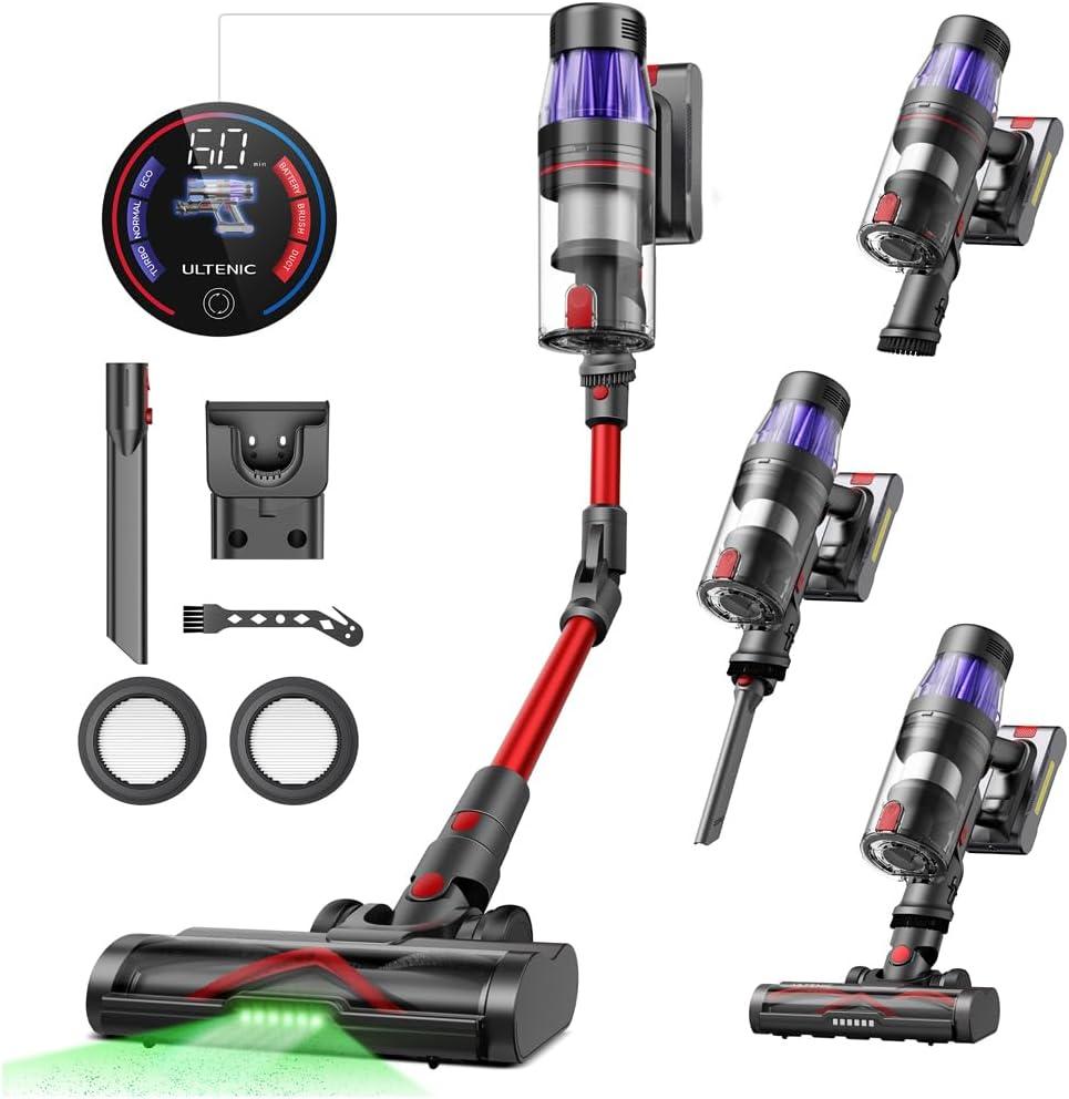 Ultenic Cordless Vacuum Cleaner, 600W 55Kpa 60Mins Vacuum Cleaners for Home, with 180Bendable Wand, Anti-Tangle Brush, Charging Dock, Stick Vacuum Cordless for Pet Hair/Carpet/Floor/Car