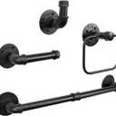 4-Pieces Industrial Pipe Bathroom Towel Ring Kit DIY Wall Mount Accessories Kit Includes Robe Hook Towel Bar and Towel Ring (18 inch) (Black)