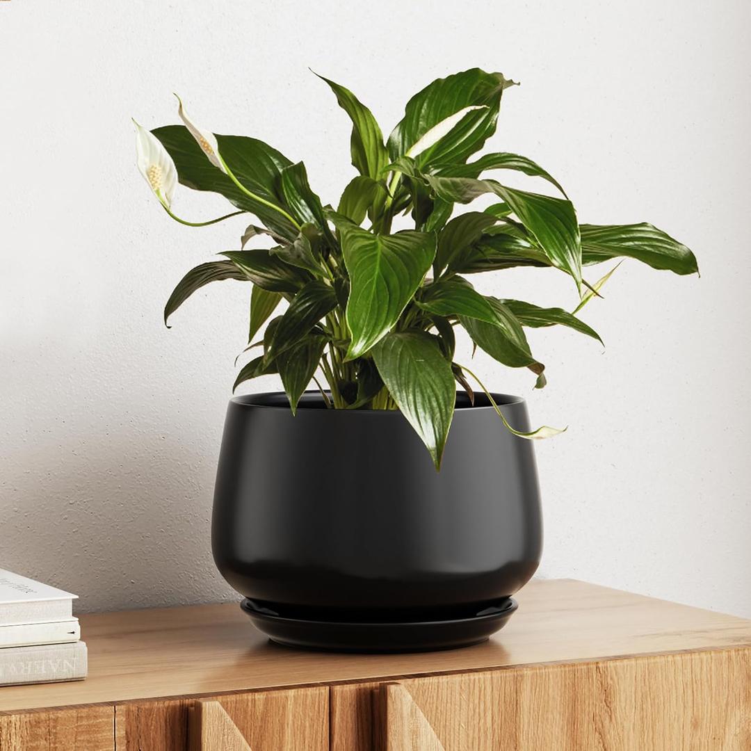 LE TAUCI Ceramic Planter, 10 Inch, Large Plant Pot, Indoor Plant Pot, Black