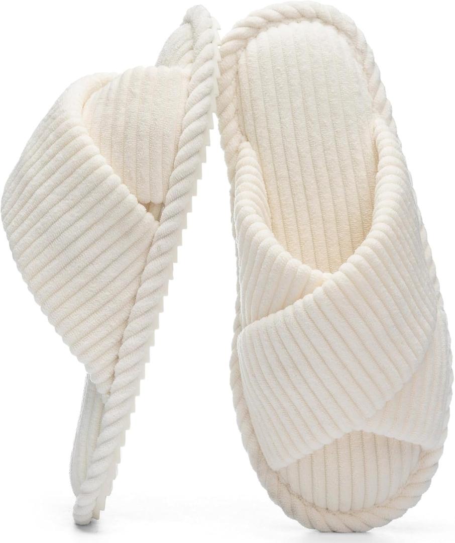 GOEWY Slippers for Women Memory Foam House Bedroom Corduroy Crossbands Open Toe Slides Sandals Shoes Comfy Trendy Gift for womens Anti-Skid sole (White, M)