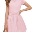 Haloumoning Girls Skirt Sets Casual Summer Outfits Kids Ruched Short Sleeve Tops Bubble Skirts Clothing  (7-8 Years, Pink)