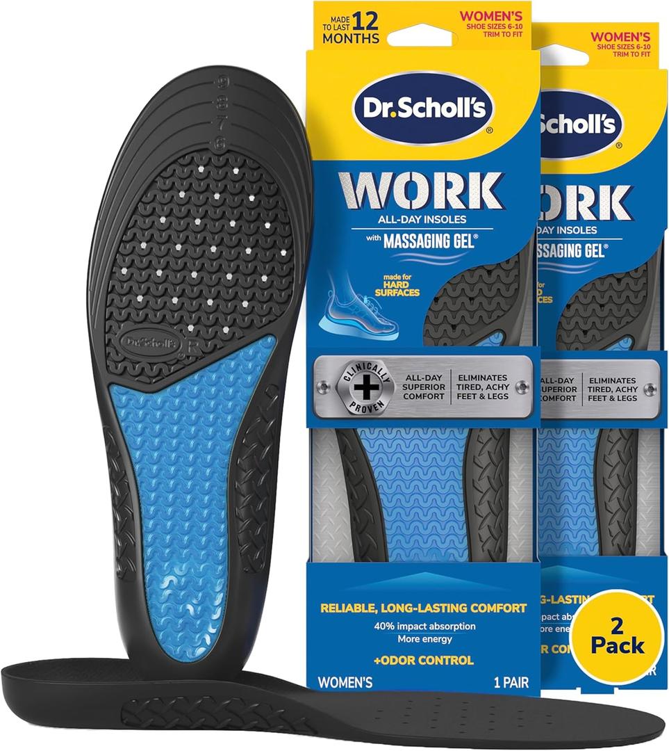 Dr. Scholl's Work All-Day Superior Comfort Insoles with Massaging Gel - Designed for Men & Women with Hard-Working Feet, Eliminates Sore Muscles and Tired Legs, Arch Support Inserts with Odor Control (1 Pair (Pack of 2))