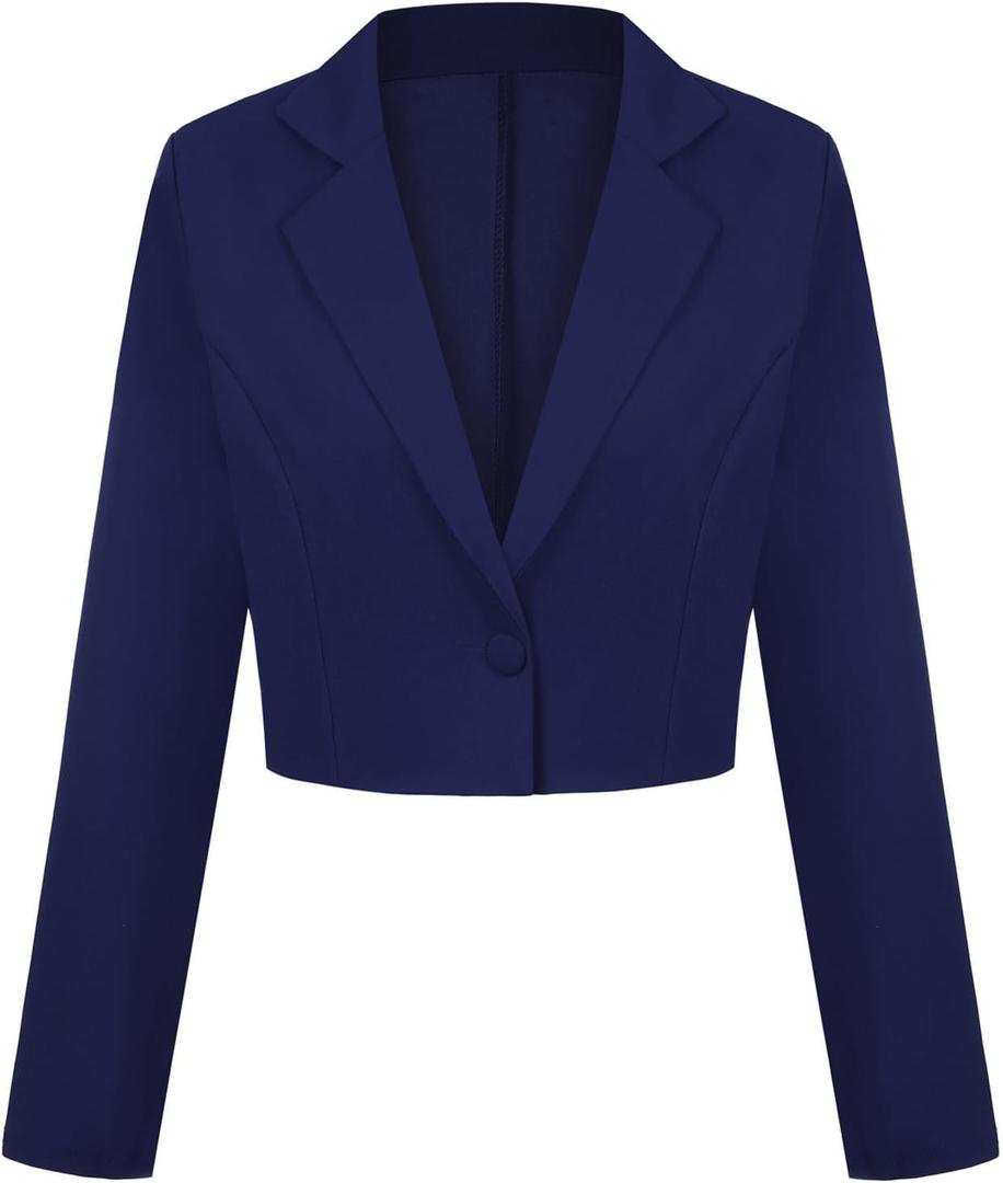 Cropped Blazer for Women Long Sleeve Notch Lapel Button Front Blazers Casual Work Office Cardigan Suit Jacket (Medium, Navy Blue)