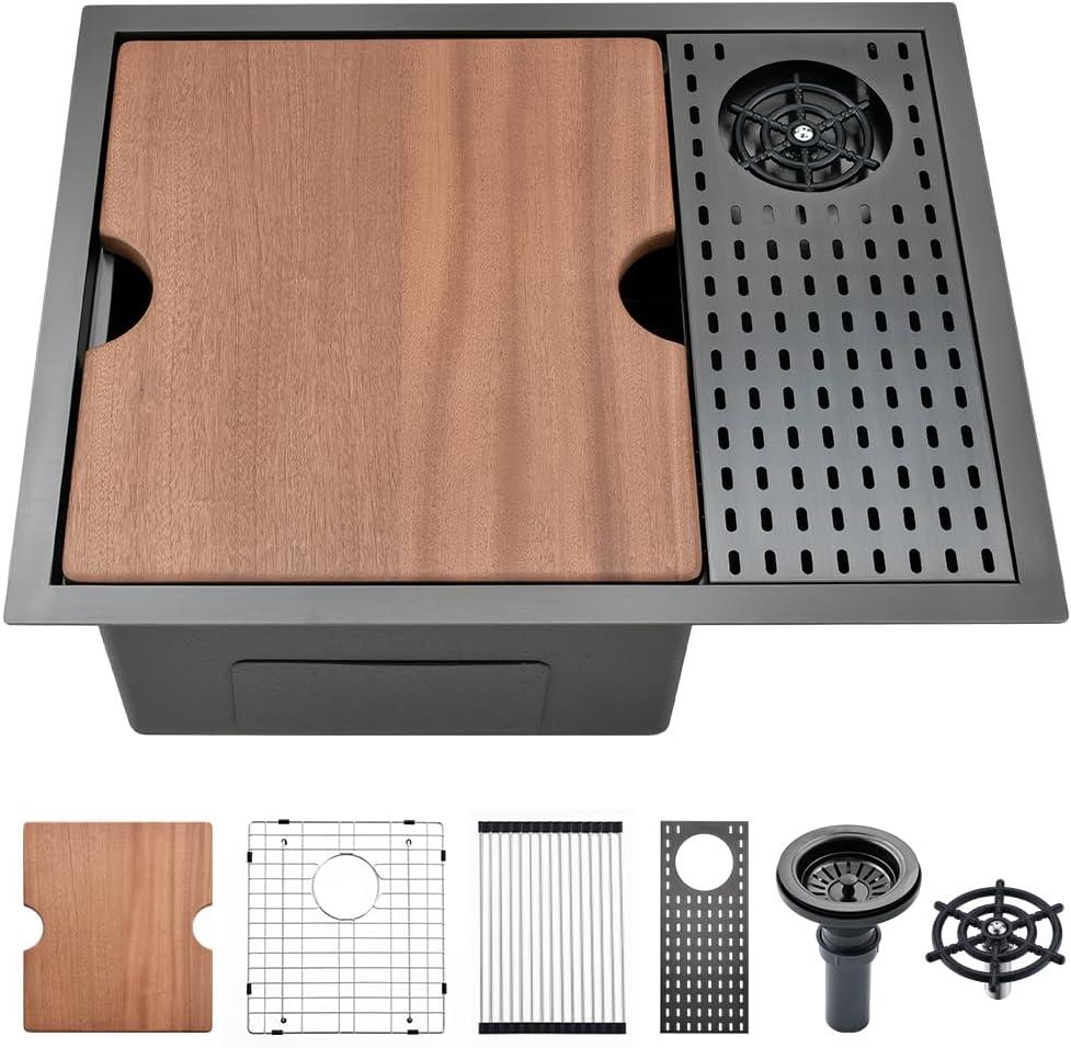 24 Inch Black Undermount Kitchen Sink with Glass Rinser-VASOYO 24x19 Black Kitchen Sink Undermount Workstation Sink Wet Bar Sink 16 Gauge Deep Single Bowl Kitchen Sink with Cup Washer