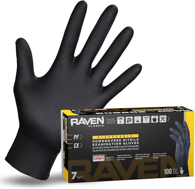 Raven Powder Free Nitrile Disposable Gloves | 7 Mil | Latex Free, Chemical + Puncture Resistant, Single Use | X-Large 